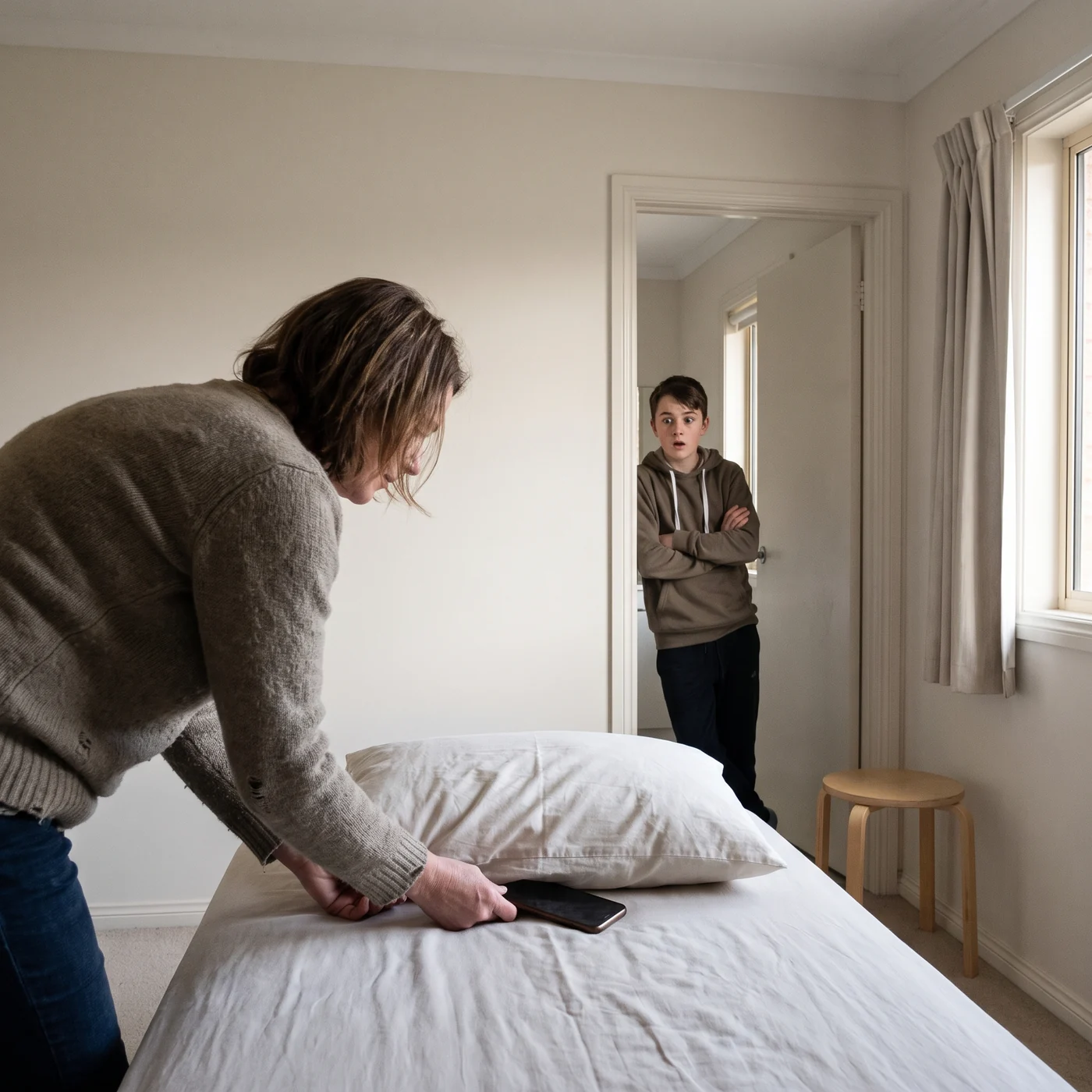 Mom tucks the phone into bed instead of the teen, candidate C for ad-15