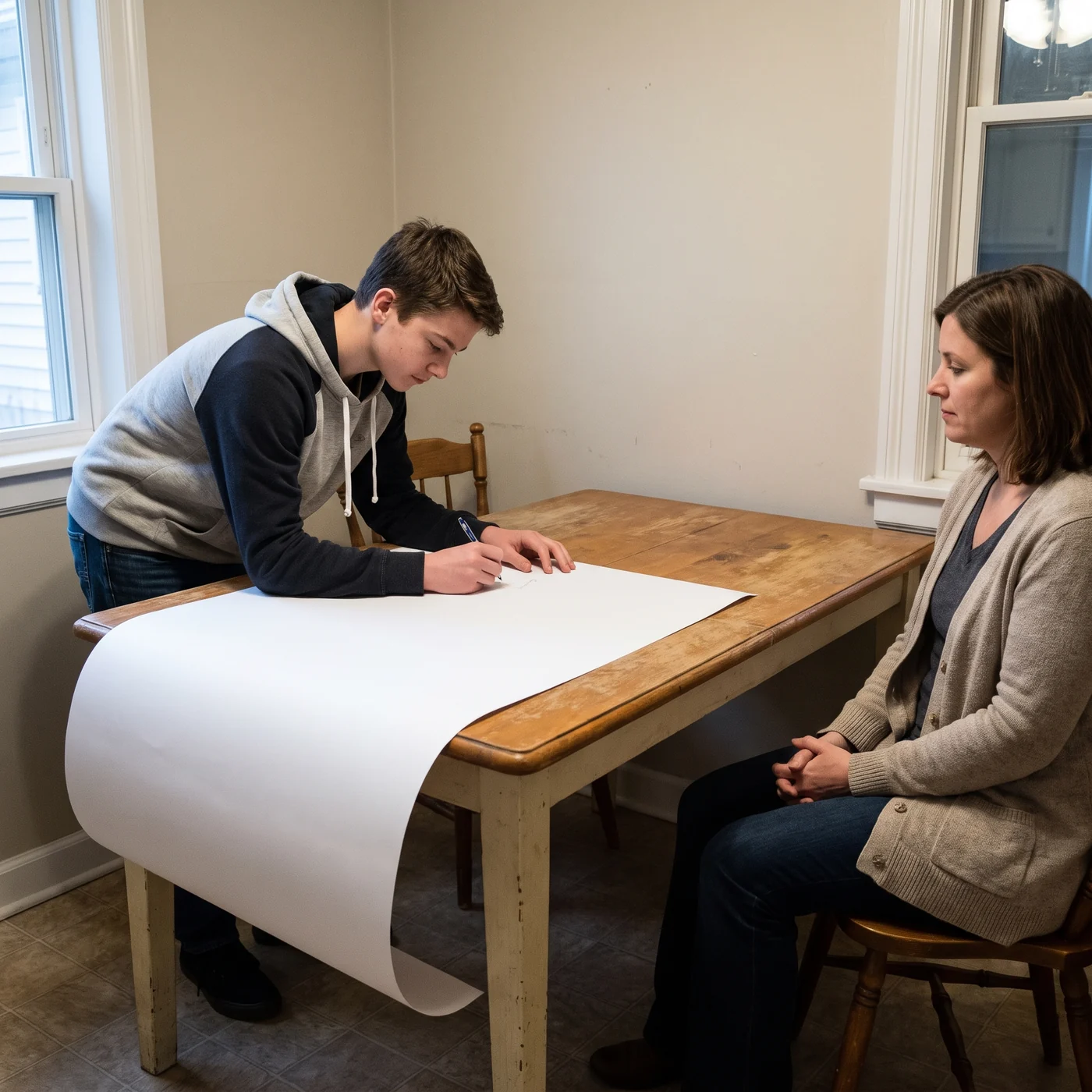 Teen signs a comically oversized blank contract, candidate A for ad-16