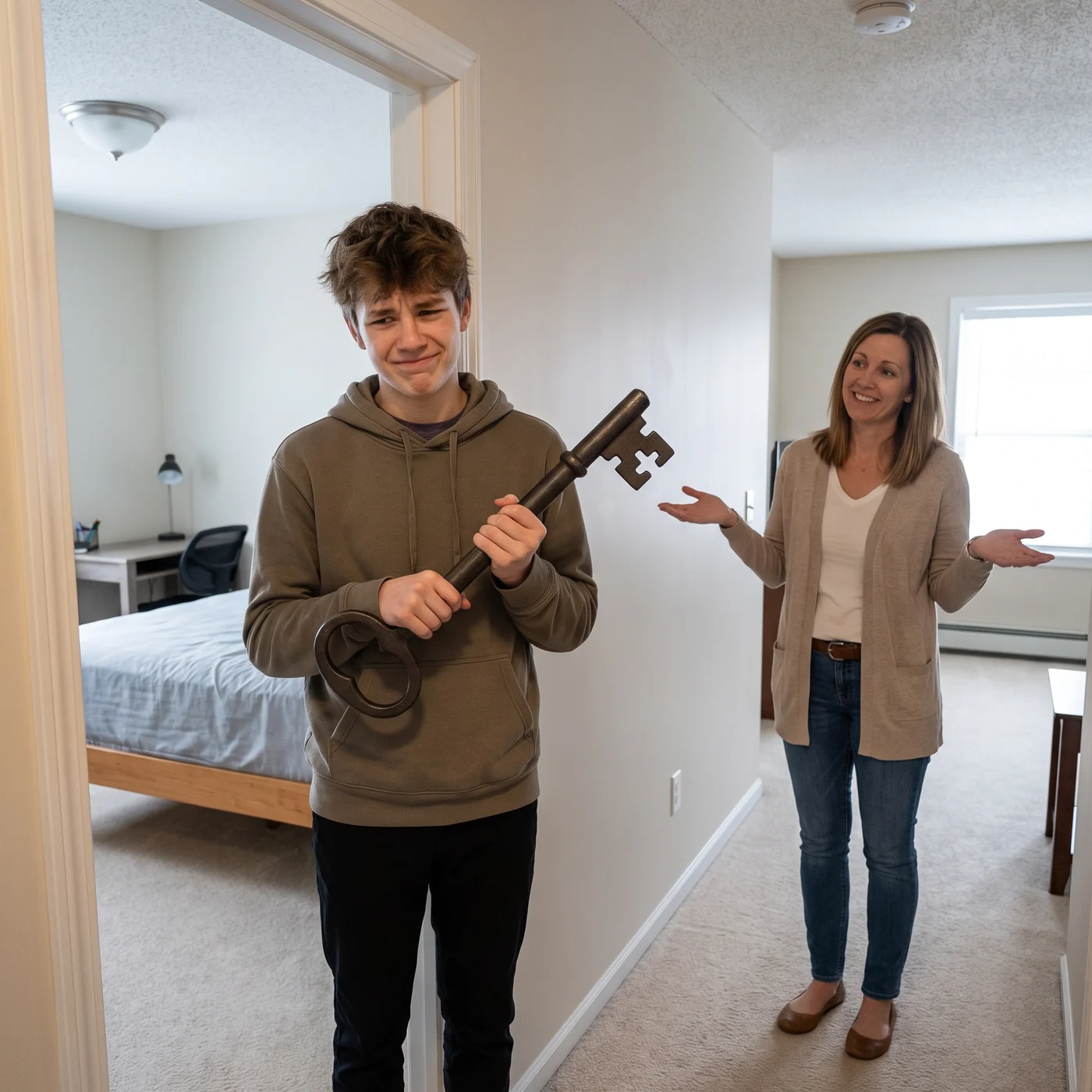 Mom hands over a giant bedroom key, candidate B for ad-16