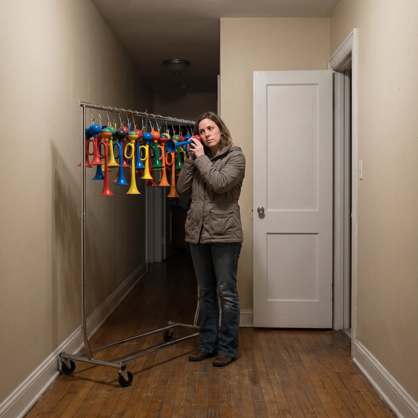 Mom chooses the next ringtone from a rack of bicycle horns, candidate A for ad-18