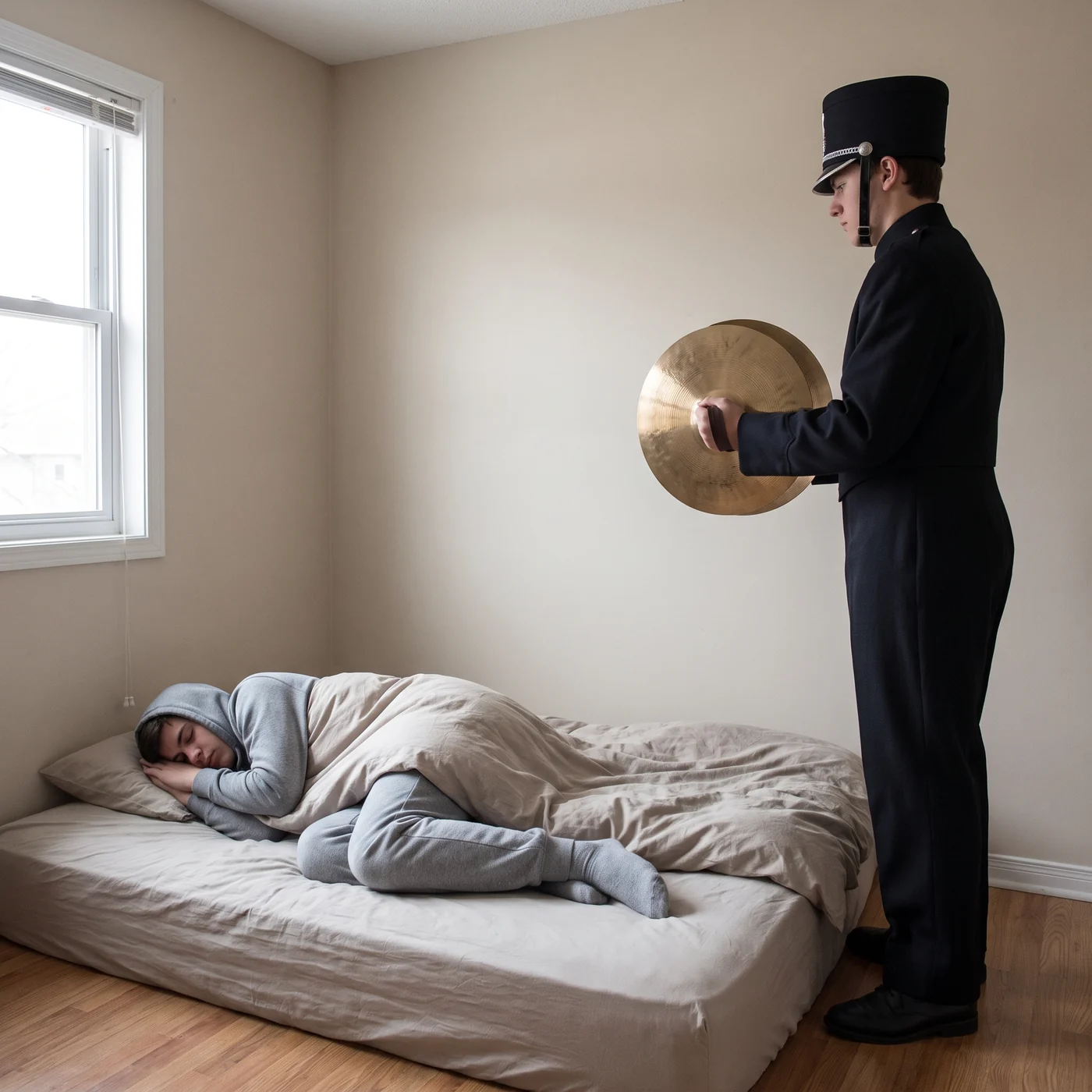 Teen sleeps through a bedside marching-band cymbal player, candidate B for ad-18