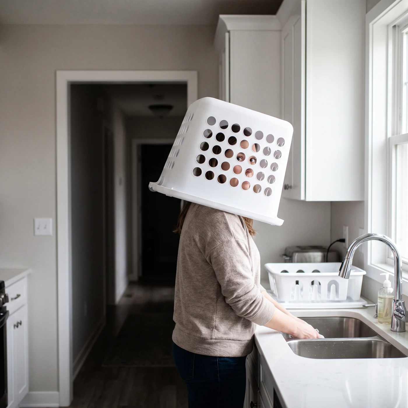 Mom wears a laundry basket as a sound shield, candidate C for ad-19