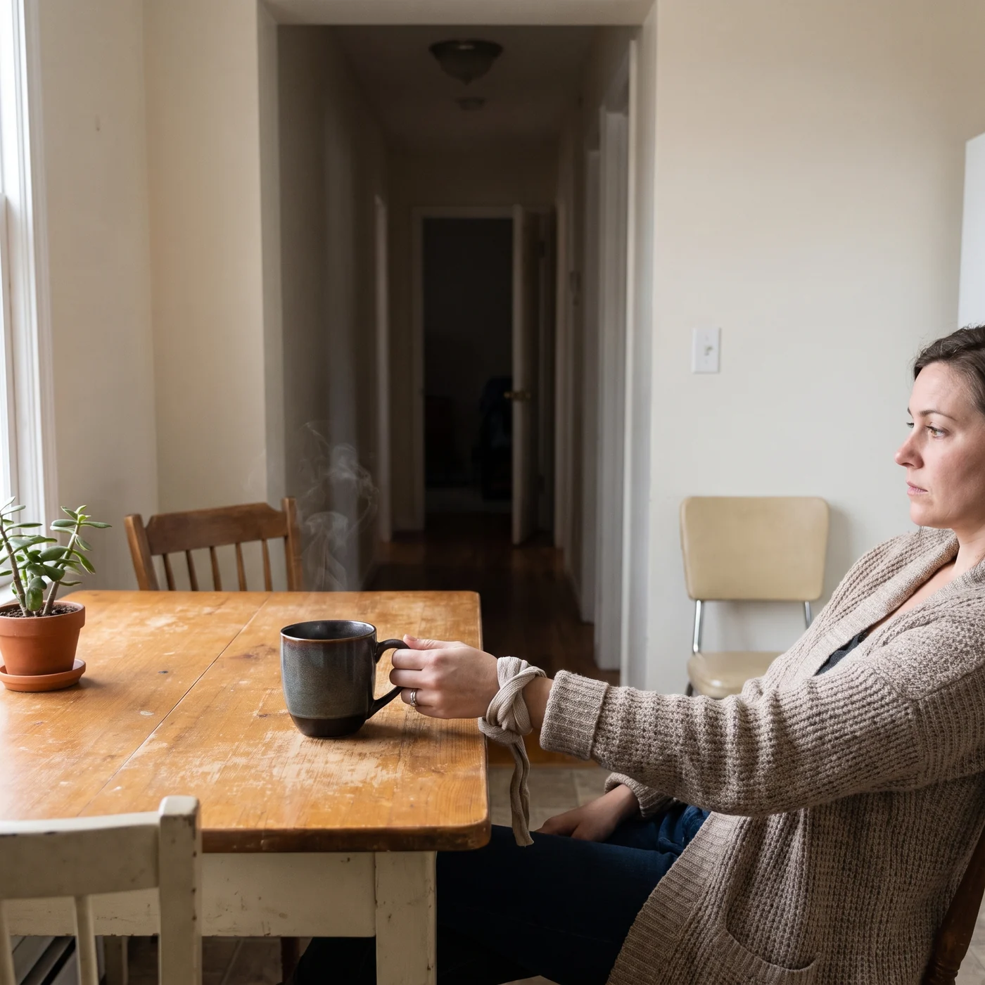 Mom handcuffs herself to the coffee mug, candidate A for ad-20