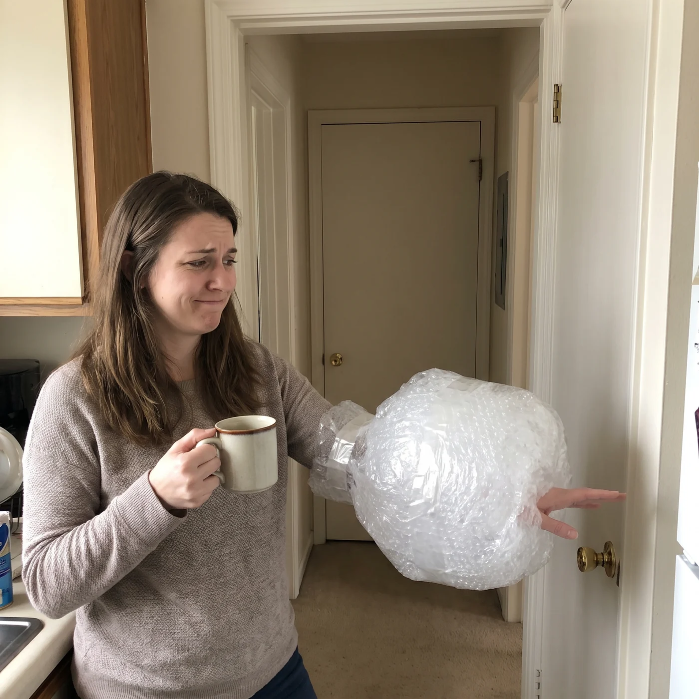 Mom's doorknob hand is sealed in bubble wrap, candidate C for ad-20